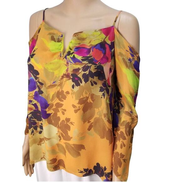 Nicole Miller Atelier Silk Floral Cold Shoulder Deep V Neck Top Size Small - Picture 1 of 6